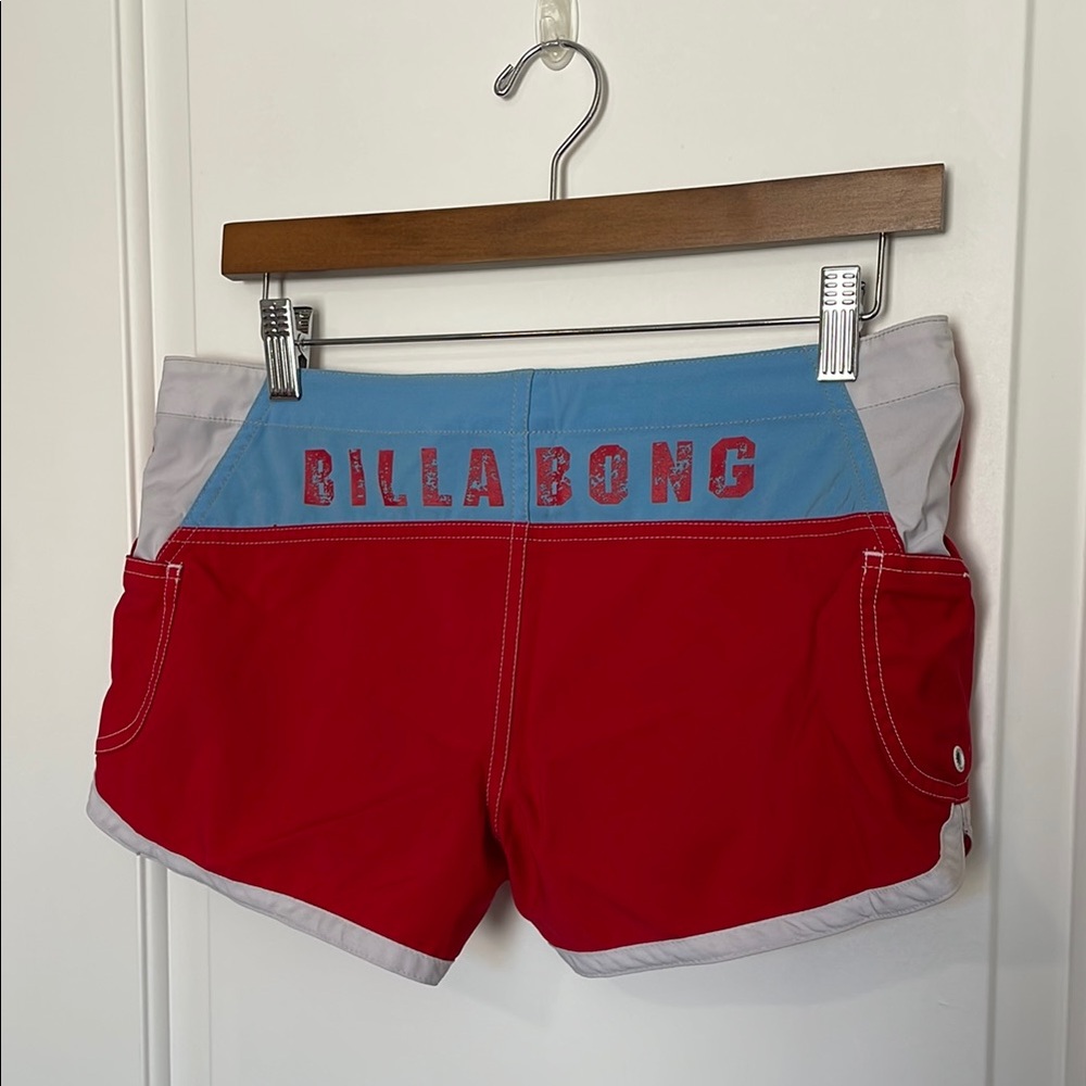 Vintage Billabong Red and Light Blue Swim Shorts